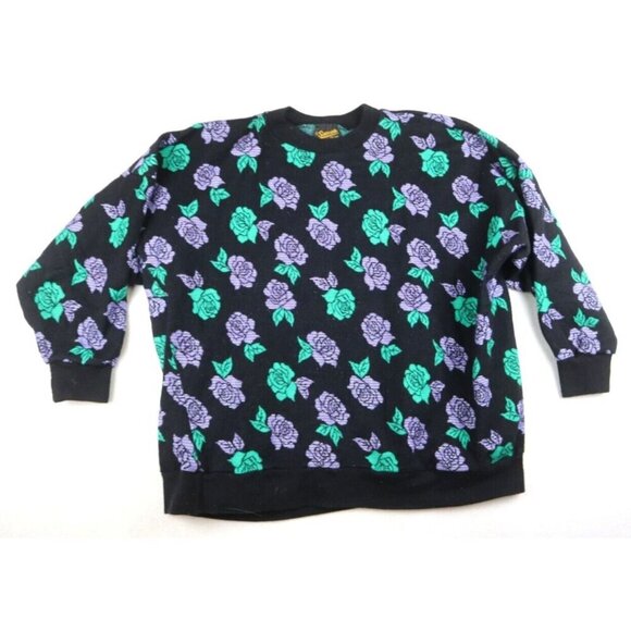 VINTAGE WOMEN'S BLACK PURPLE ROSE PRINT PULLOVER SWEATER - BY SUCCESS - ONE SIZE - Picture 1 of 5